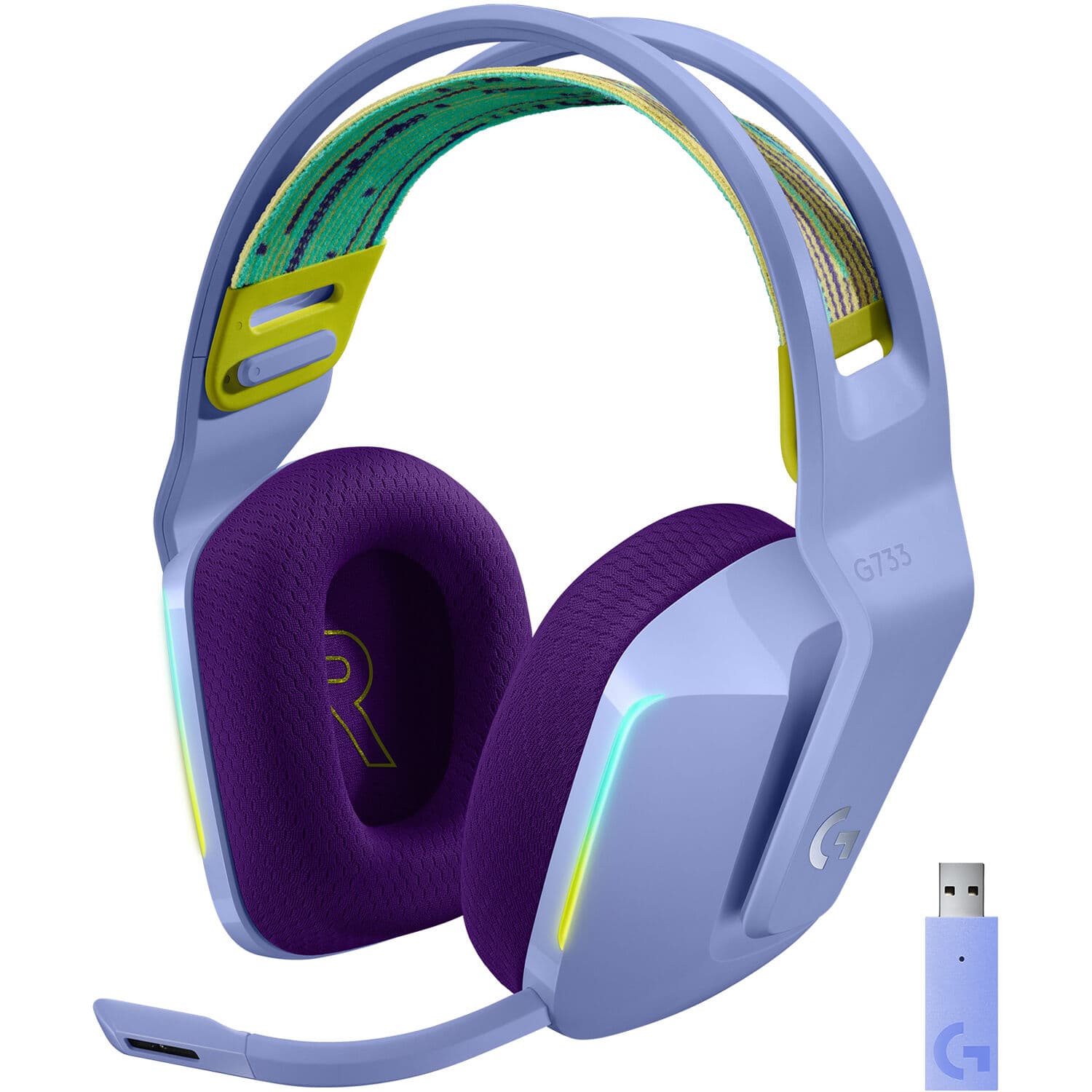 Logitech G733 LIGHTSPEED wireless gaming headset in Lilac with over-ear design and detachable microphone