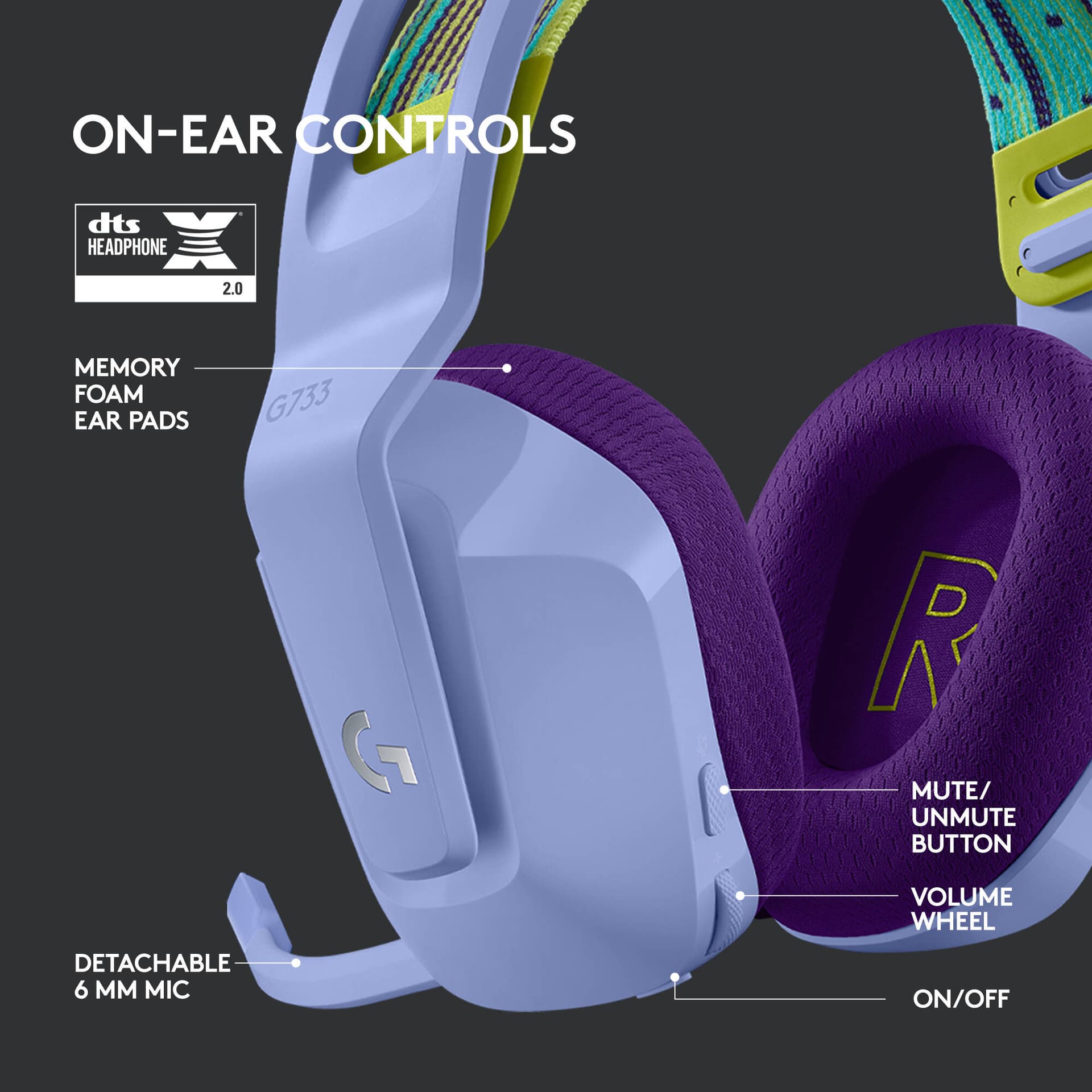 Logitech G733 LIGHTSPEED wireless gaming headset in Lilac with over-ear design and detachable microphone