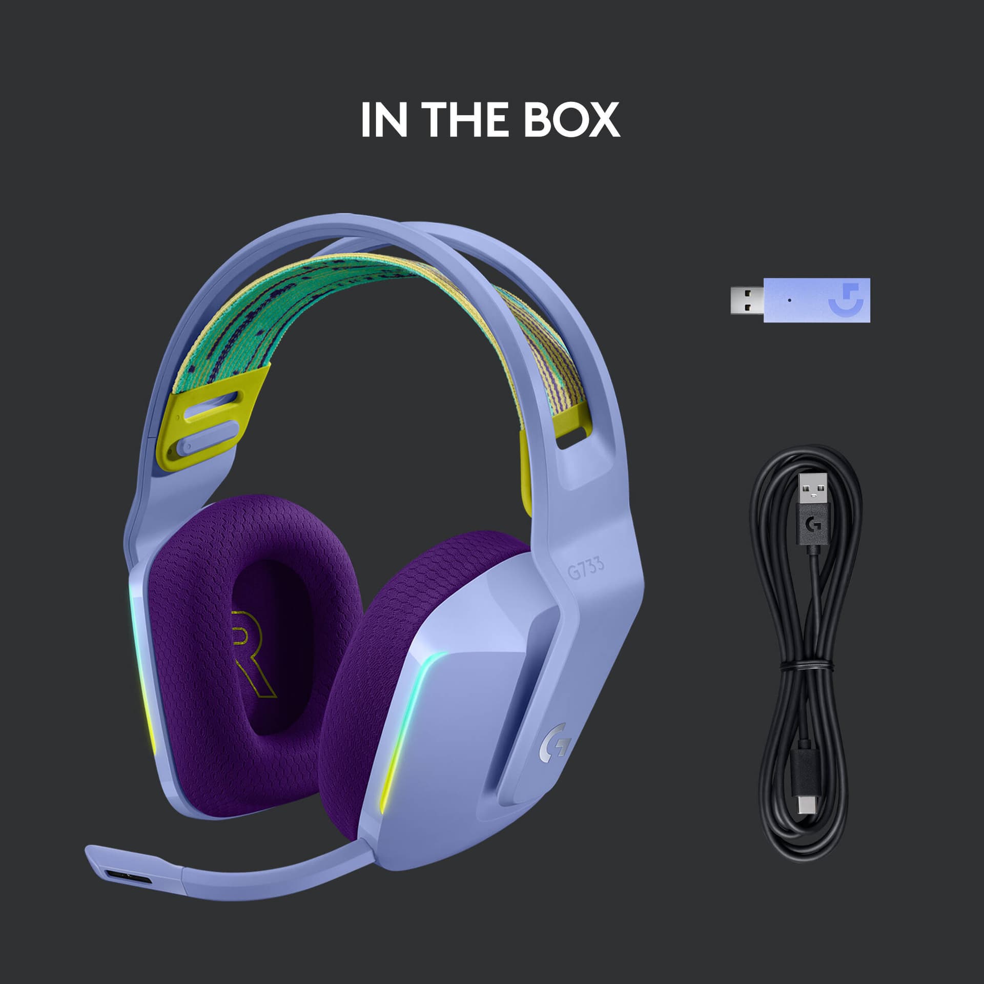 Logitech G733 LIGHTSPEED wireless gaming headset in Lilac with over-ear design and detachable microphone