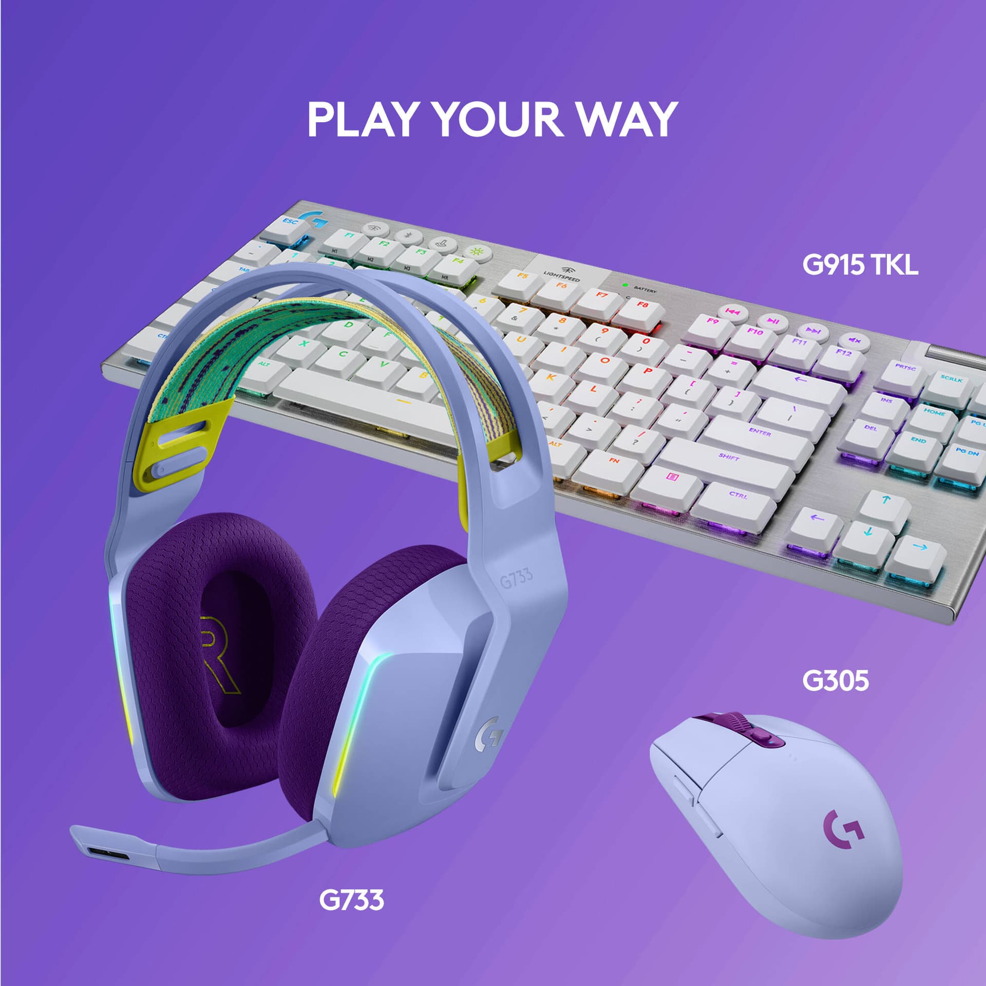 Logitech G733 LIGHTSPEED wireless gaming headset in Lilac with over-ear design and detachable microphone