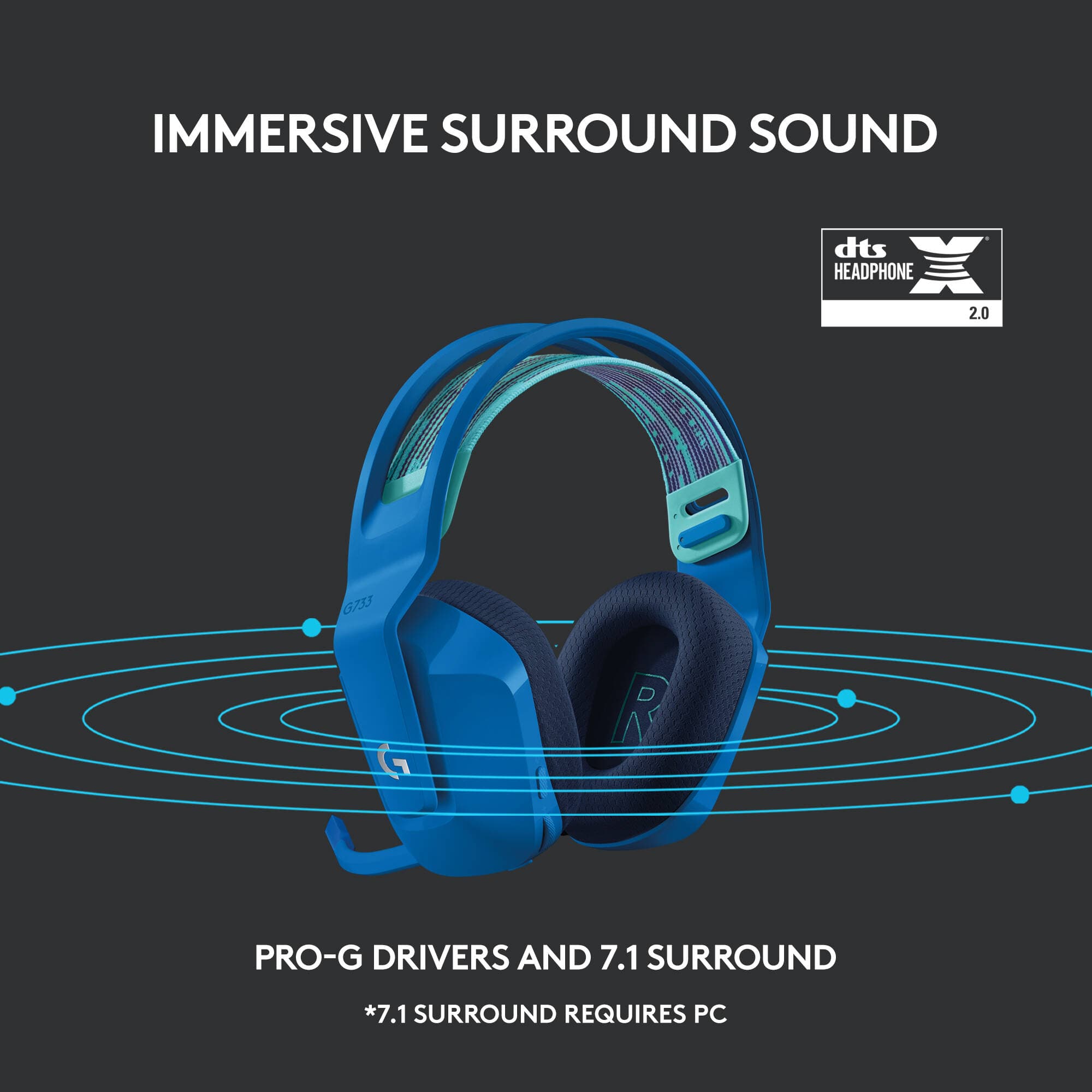 Logitech G733 LIGHTSPEED wireless gaming headset in Blue with over-ear design and detachable microphone