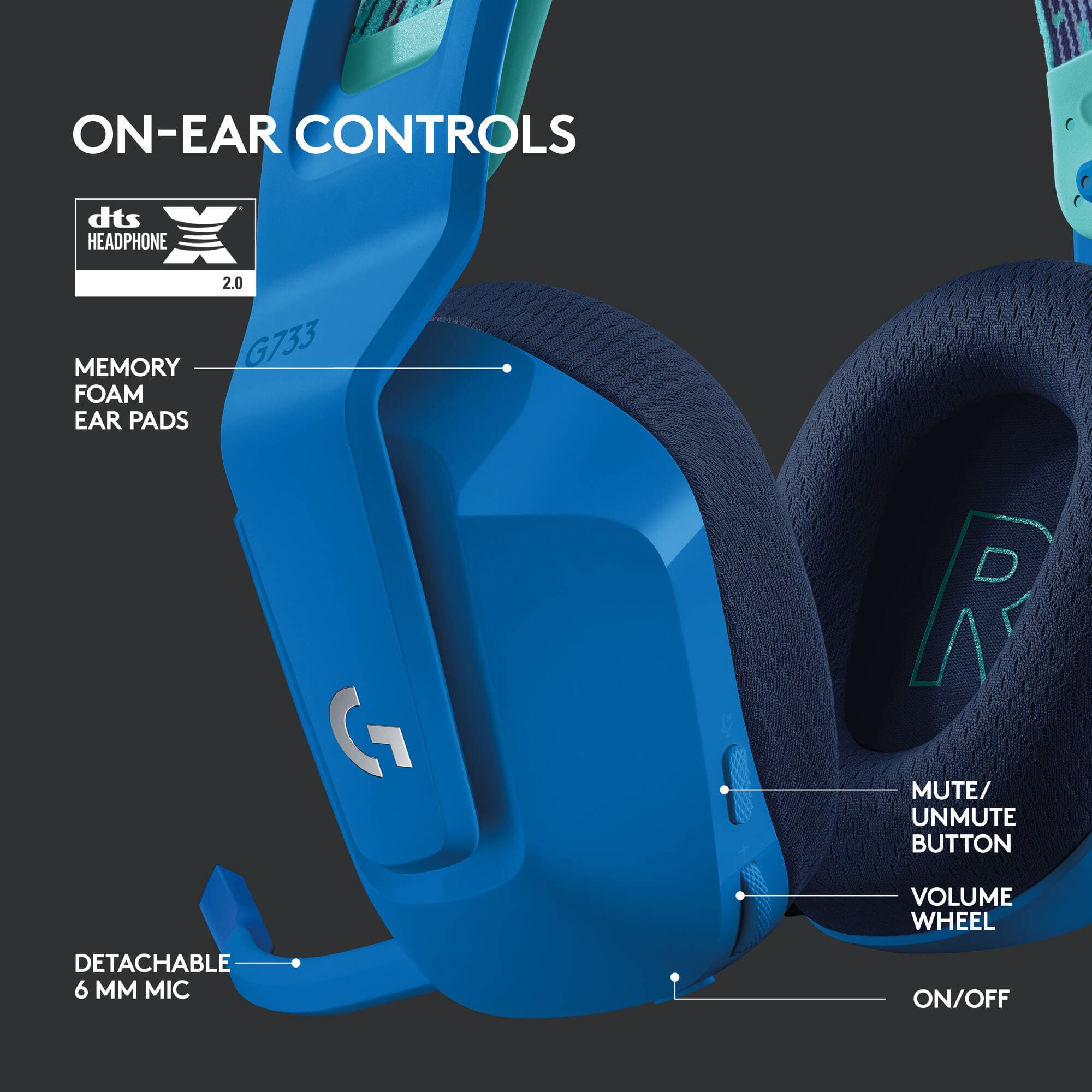 Logitech G733 LIGHTSPEED wireless gaming headset in Blue with over-ear design and detachable microphone