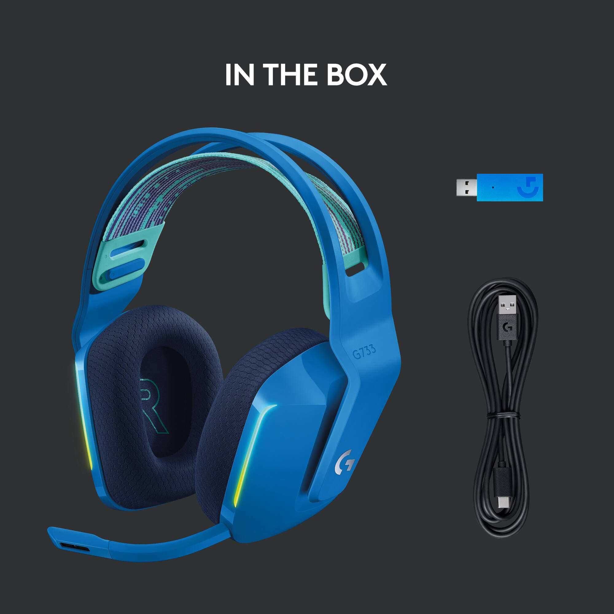 Logitech G733 LIGHTSPEED wireless gaming headset in Blue with over-ear design and detachable microphone