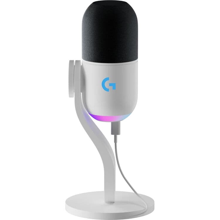 Logitech Yeti GX RGB gaming microphone with LIGHTSYNC lighting on a desktop setup