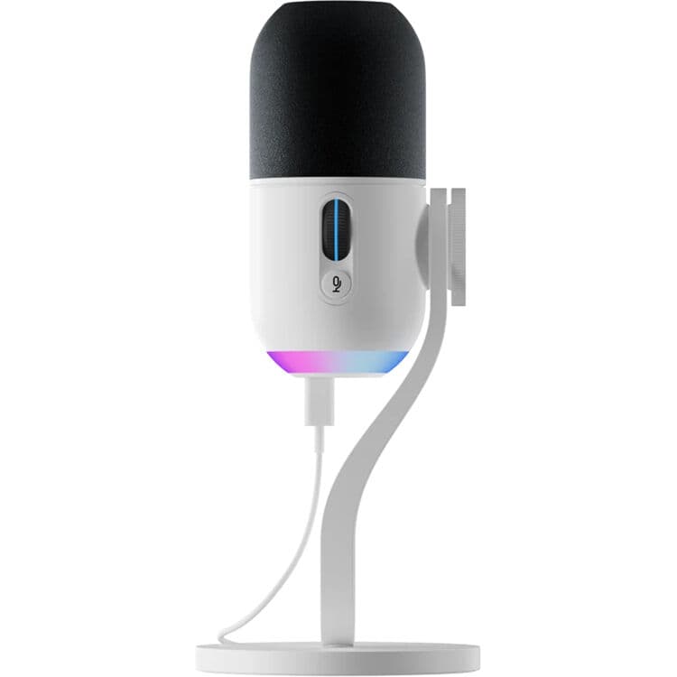 Logitech Yeti GX RGB gaming microphone with LIGHTSYNC lighting on a desktop setup
