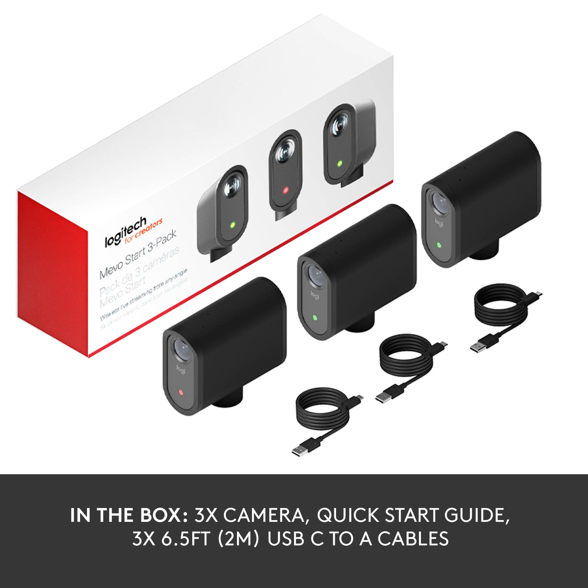 Mevo Start 3 Pack of black USB-C webcams for multi-angle 1080p streaming