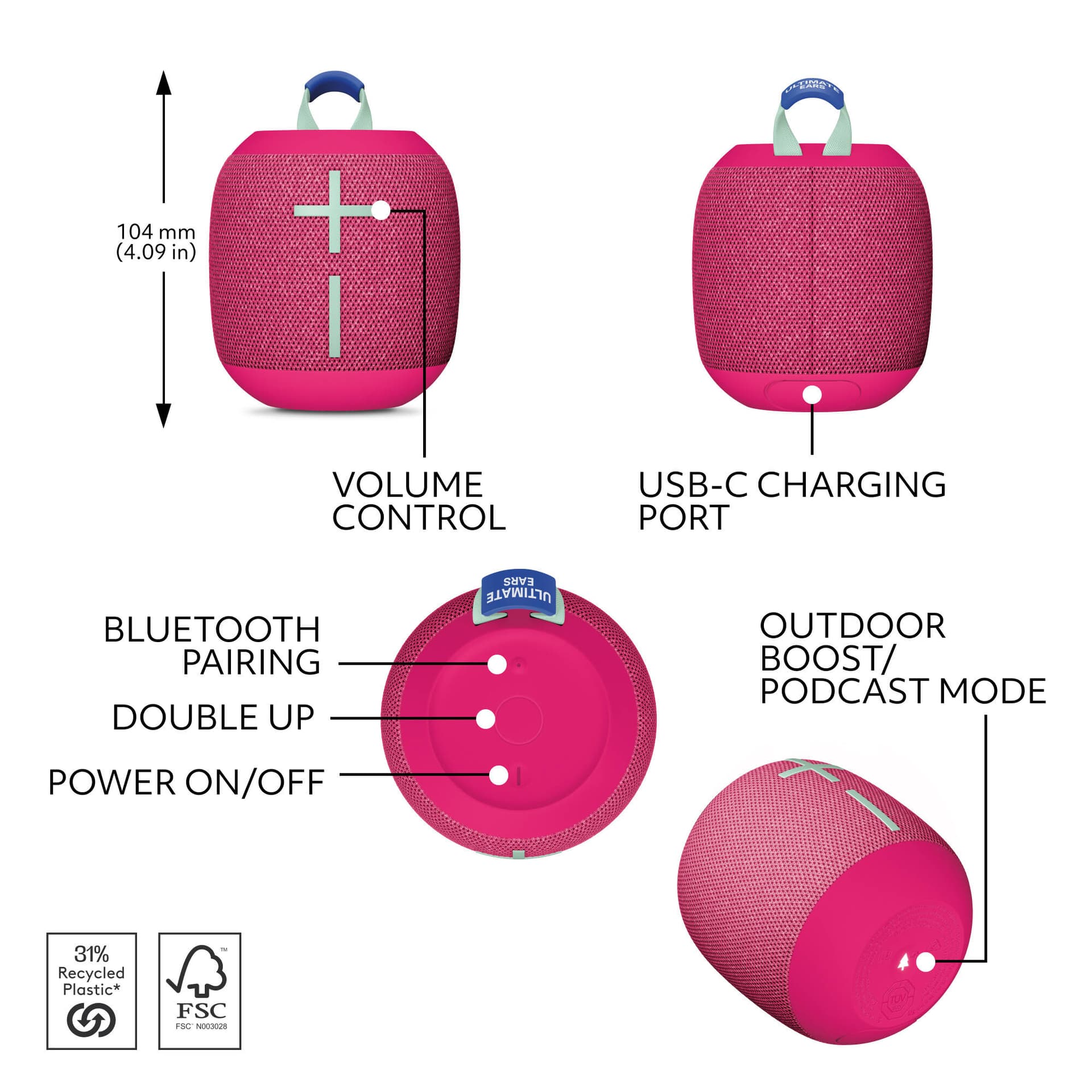 Ultimate Ears WONDERBOOM 4 portable Bluetooth speaker in pink