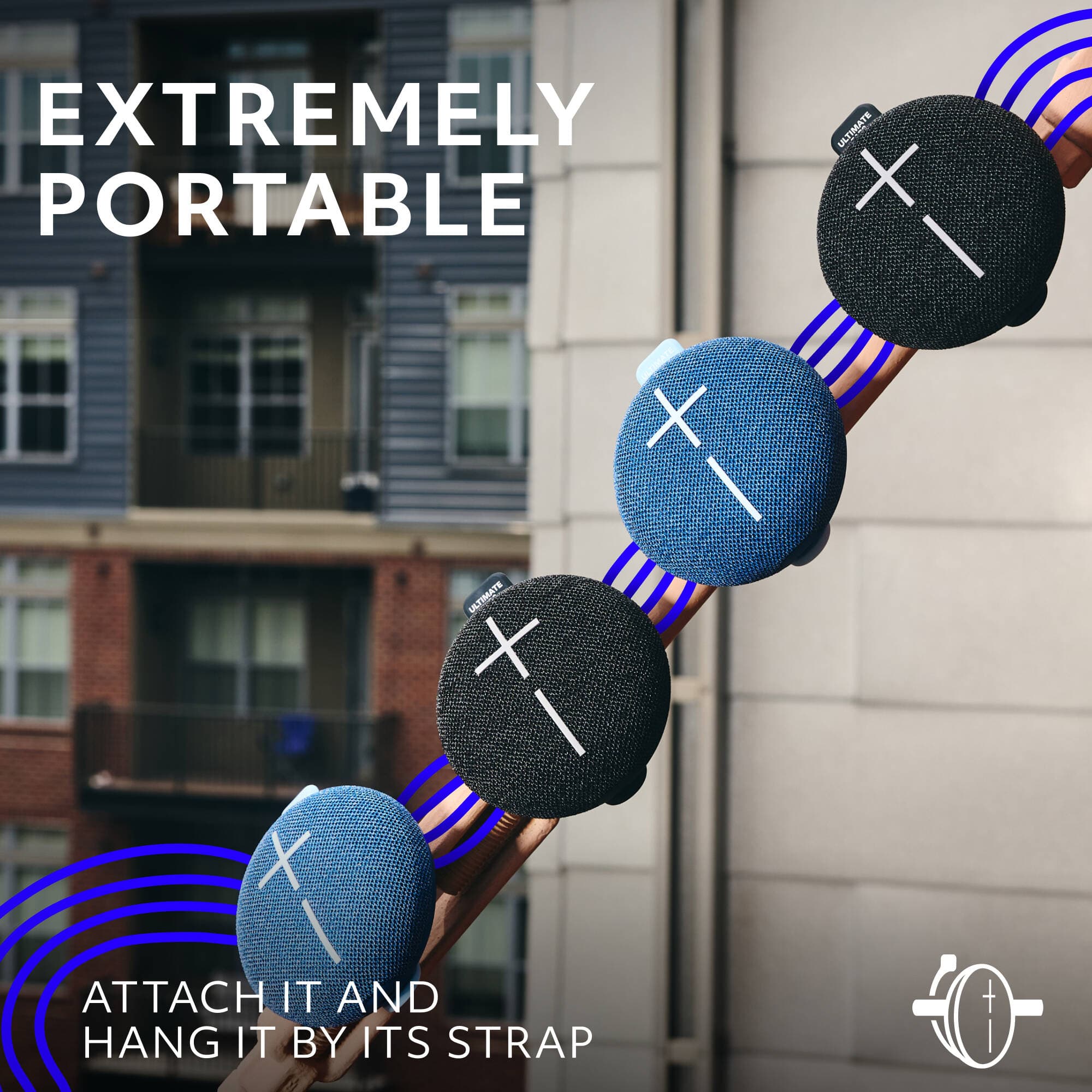 Logitech UE Mini Roll Blue compact portable speaker with hookable strap