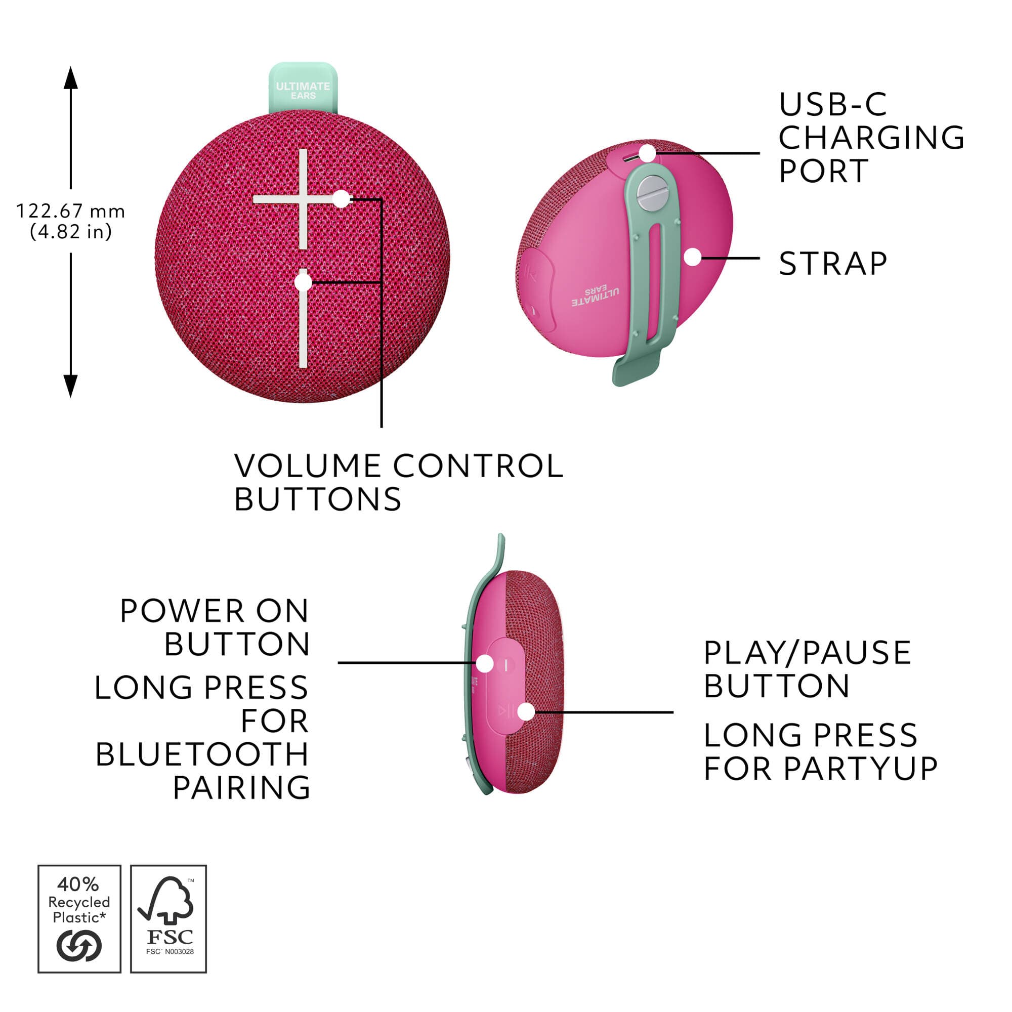 UE Mini Roll Pink compact portable speaker with hookable strap